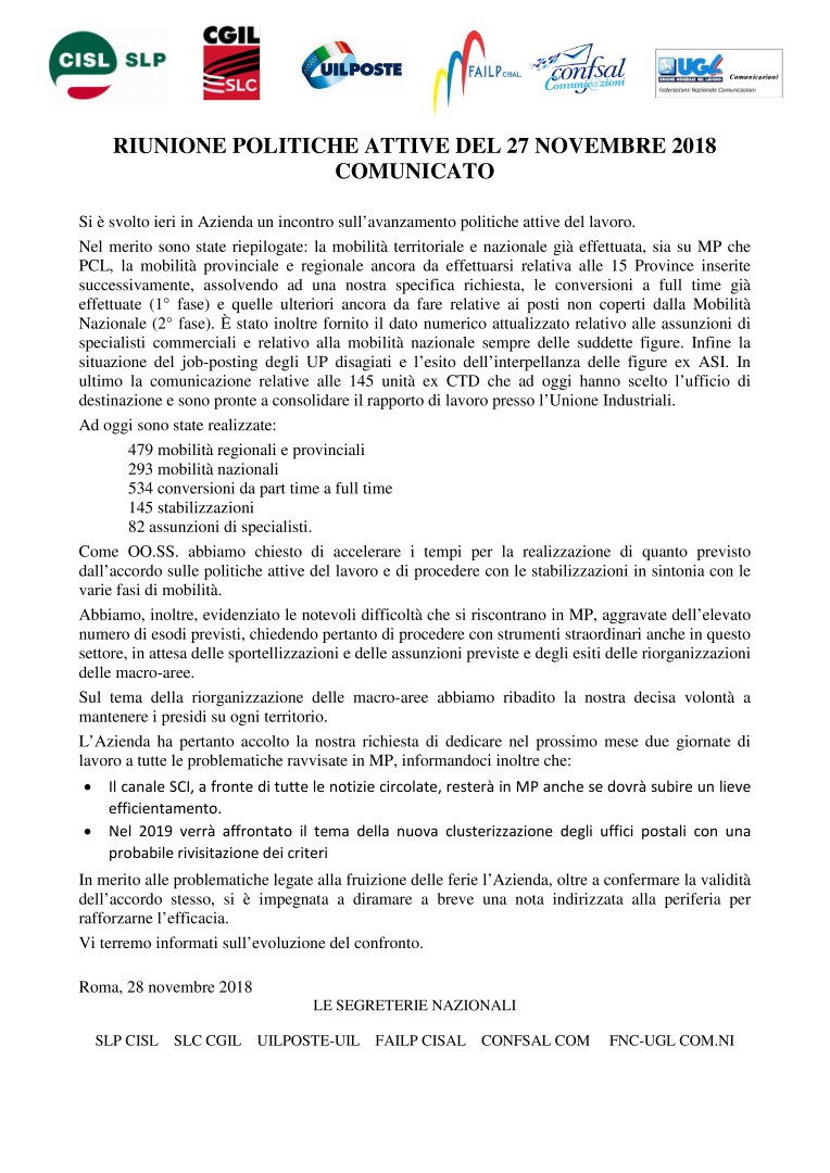 COMUNICATO RIUNIONE POLITICHE ATTIVE
