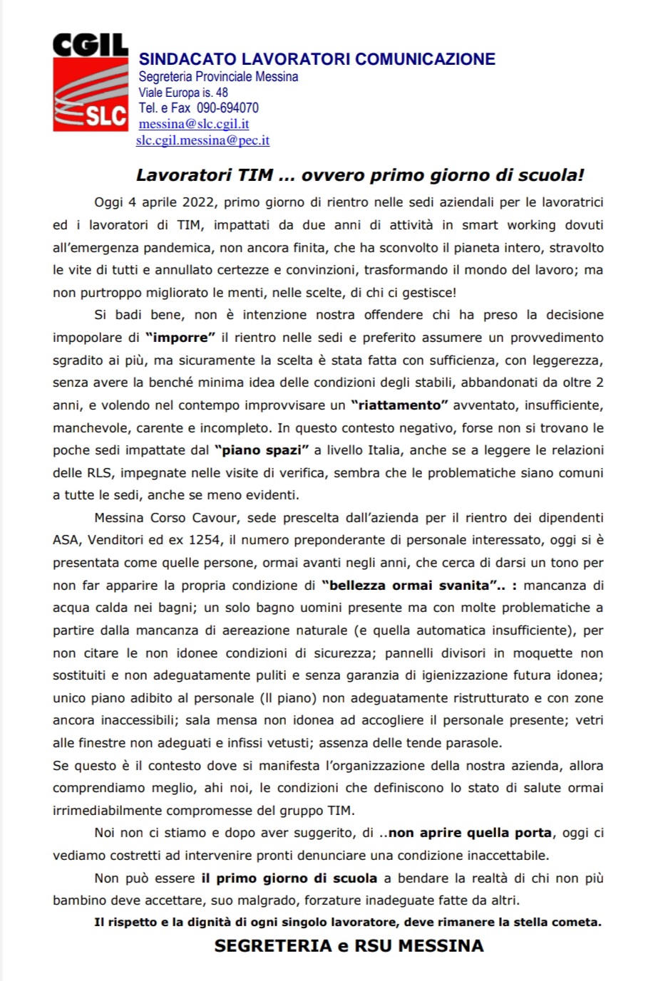 Lavoratori TIM … ovvero primo giorno di scuola!