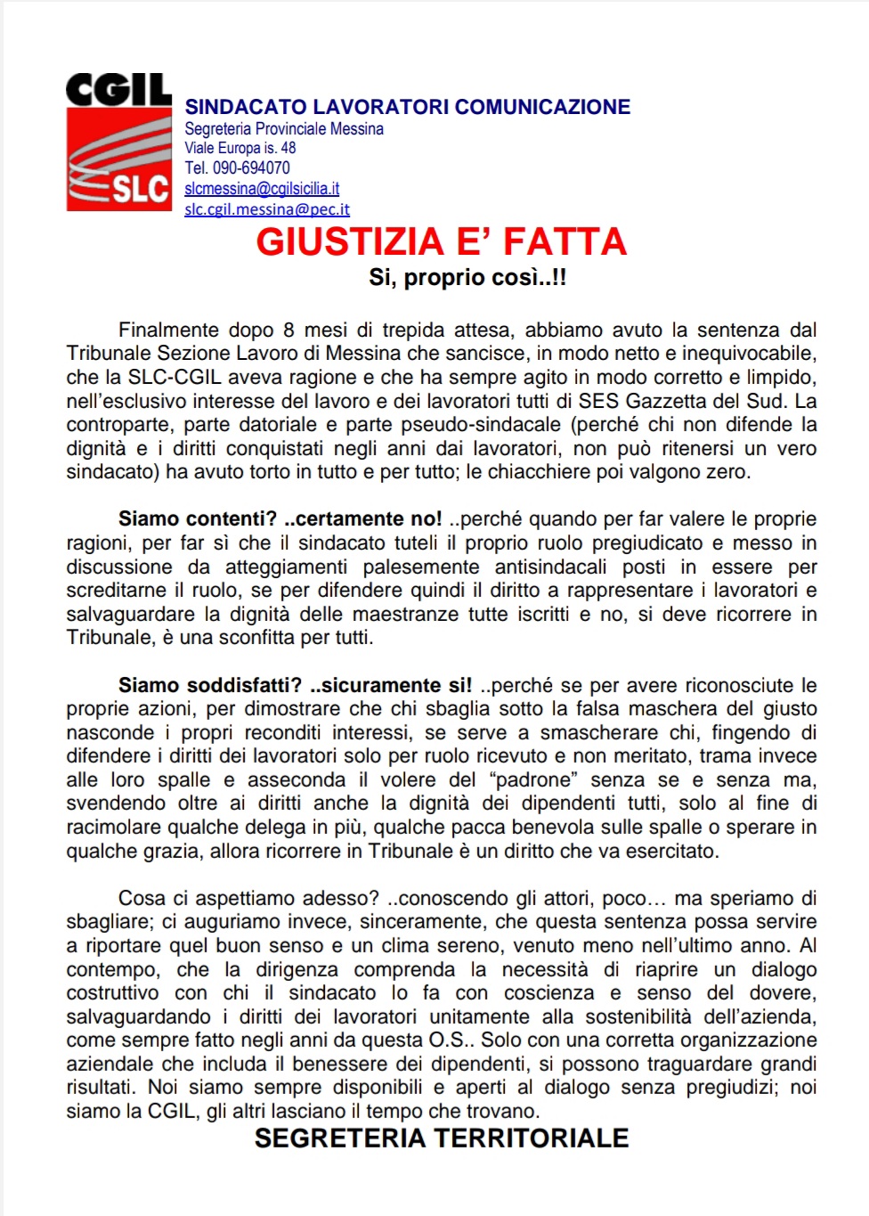 VITTORIA DI SLCCGIL MESSINA