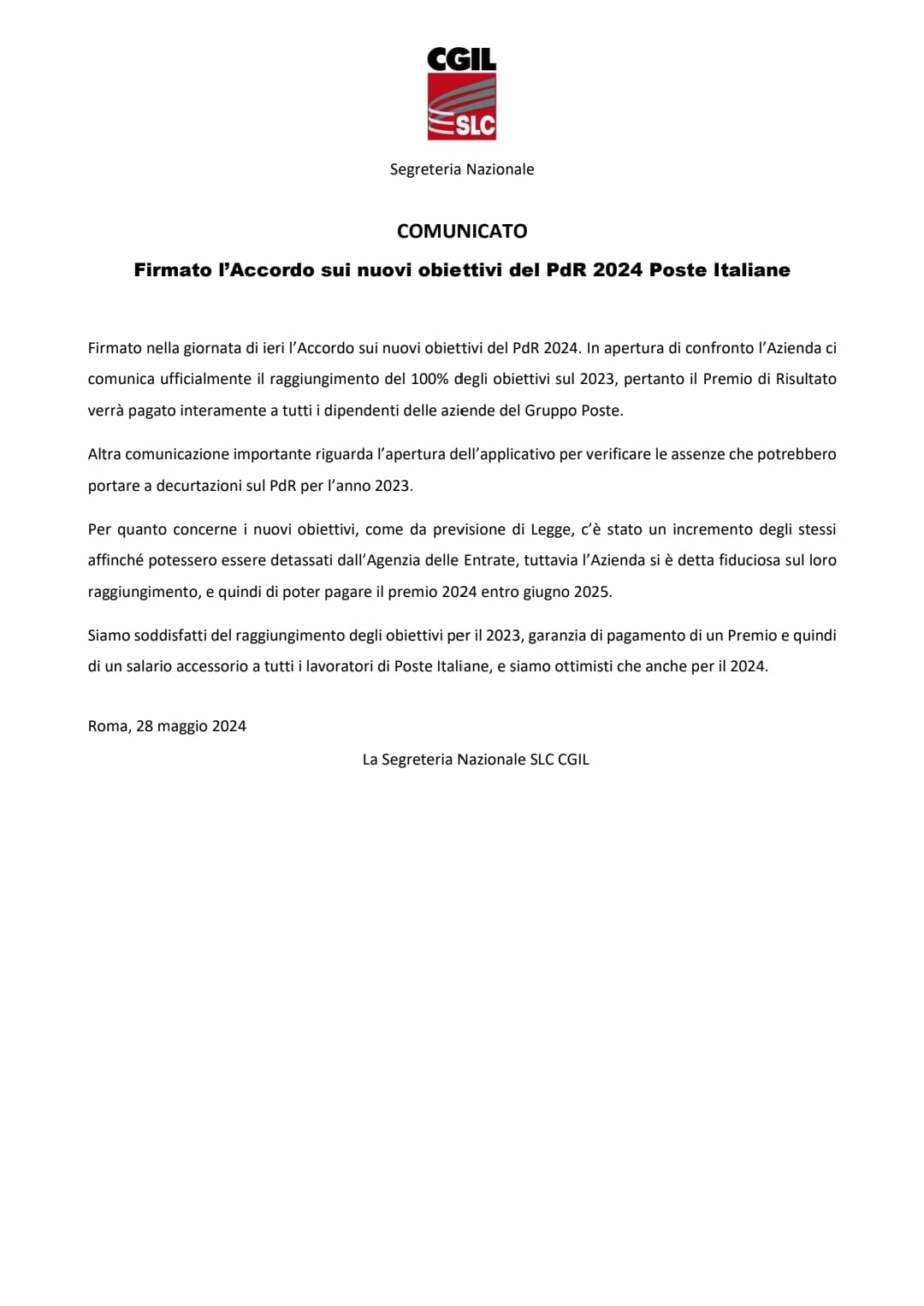 FIRMATO ACCORDO PRODUTTIVITÀ 2024