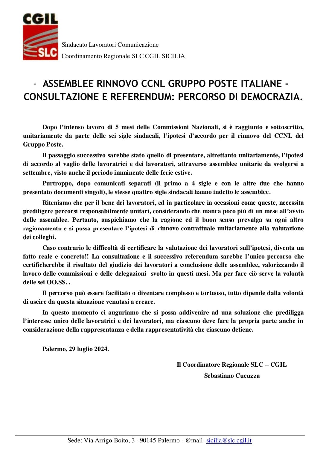 SLCCGIL: SUL RINNOVO CONTRATTUALE È AUSPICABILE UN PERCORSO ASSEMBLEARE UNITARIO