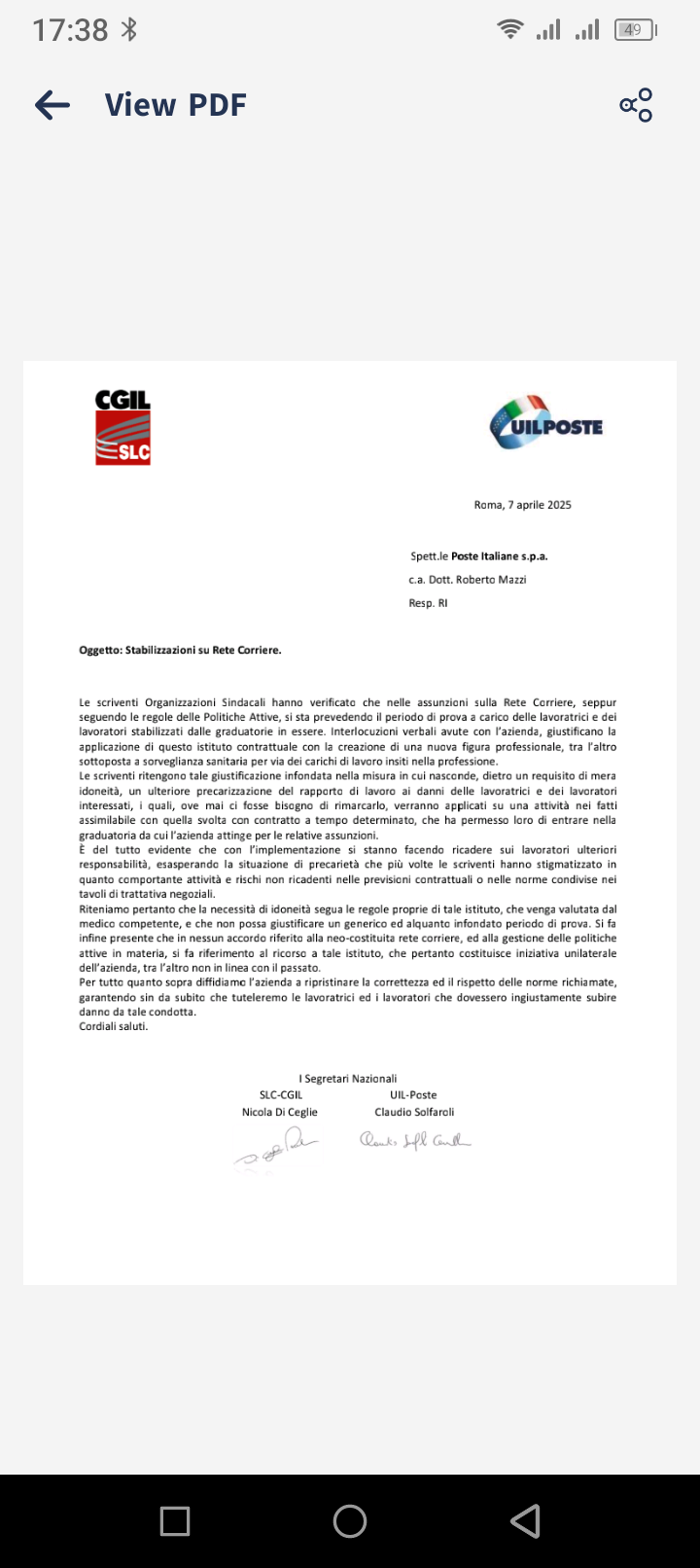 NOTA DI SLCCGIL E UIL POST SULLA STABILIZZAZIONE RETI CORRIERI